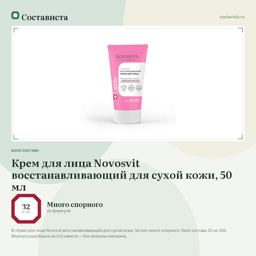 Крем для лица Novosvit восстанавливающий для сухой кожи, 50 мл: балл состава 32 из 100 — Состависта