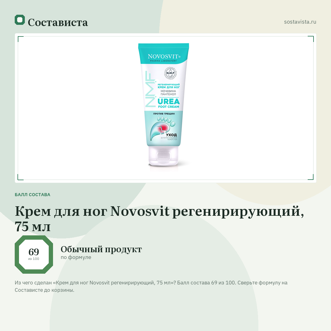 Крем для ног Novosvit регенирирующий, 75 мл: балл состава 69 из 100 — Состависта