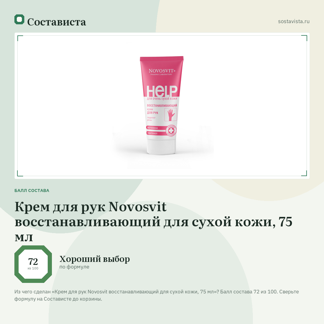 Крем для рук Novosvit восстанавливающий для сухой кожи, 75 мл: балл состава 72 из 100 — Состависта
