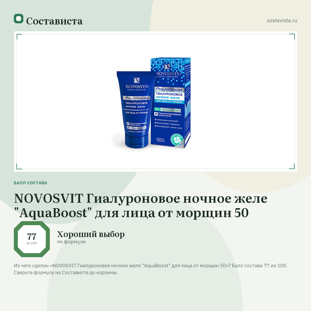 NOVOSVIT Гиалуроновое ночное желе "AquaBoost" для лица от морщин 50: балл состава 77 из 100 — Состависта