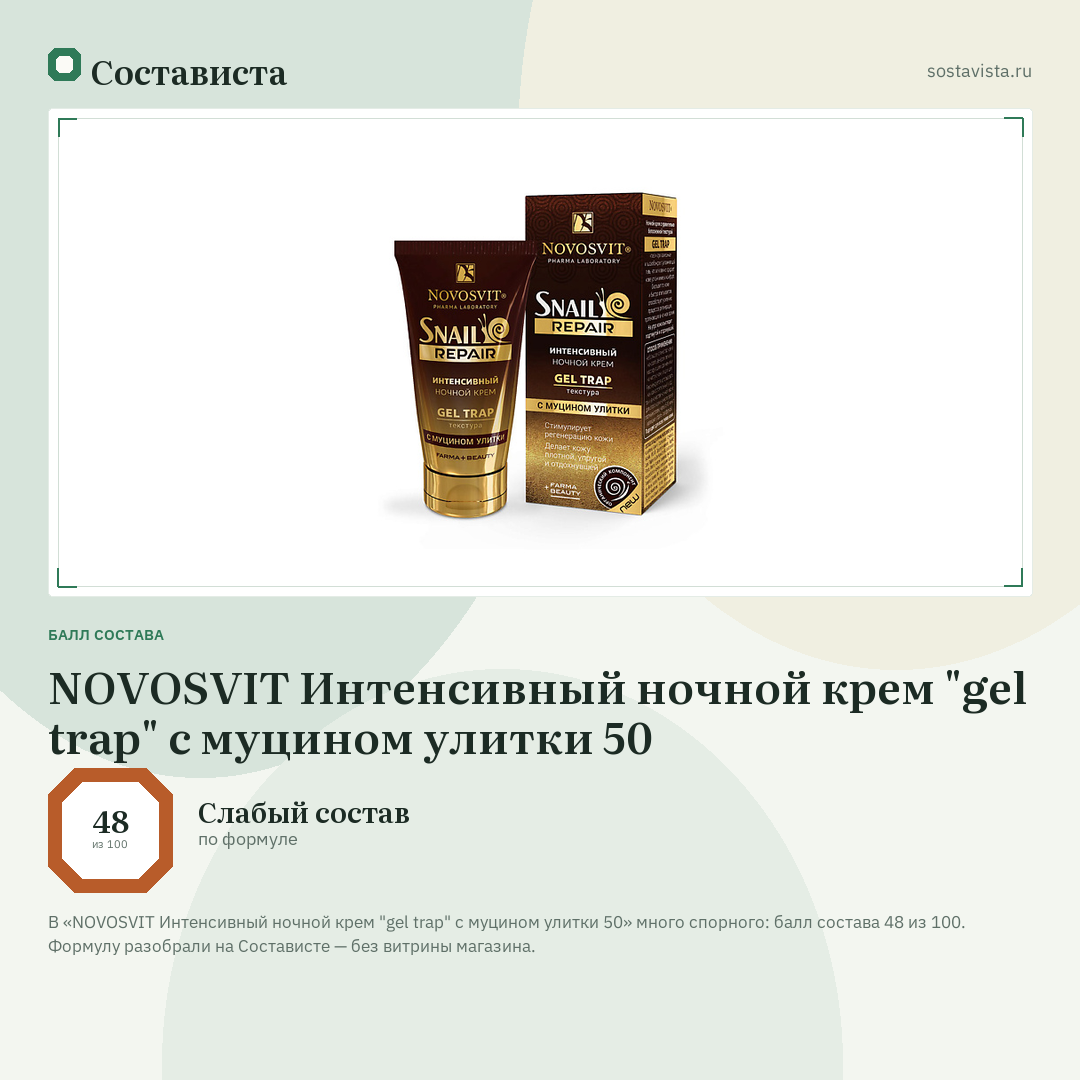 NOVOSVIT Интенсивный ночной крем "gel trap" с муцином улитки 50: балл состава 48 из 100 — Состависта