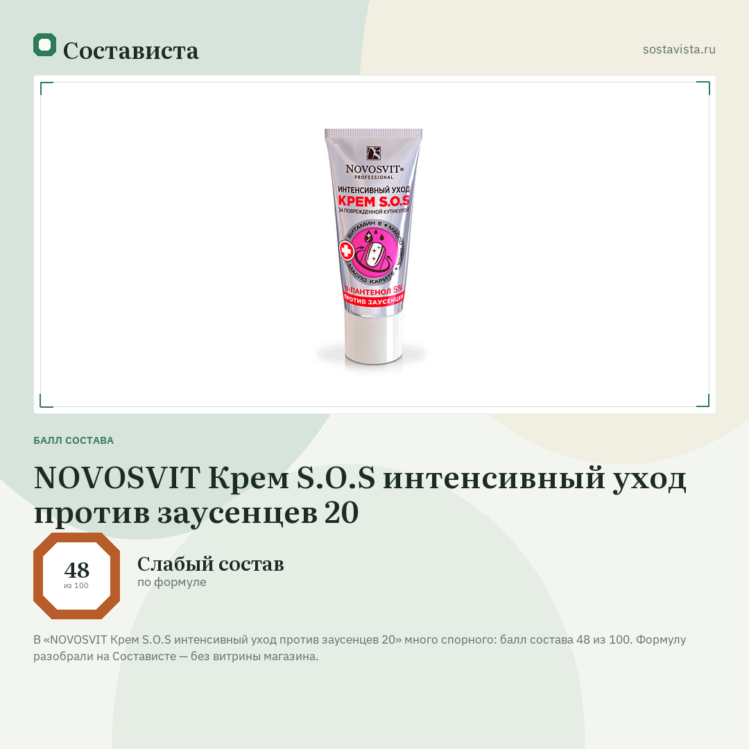 NOVOSVIT Крем S.O.S интенсивный уход против заусенцев 20: балл состава 48 из 100 — Состависта