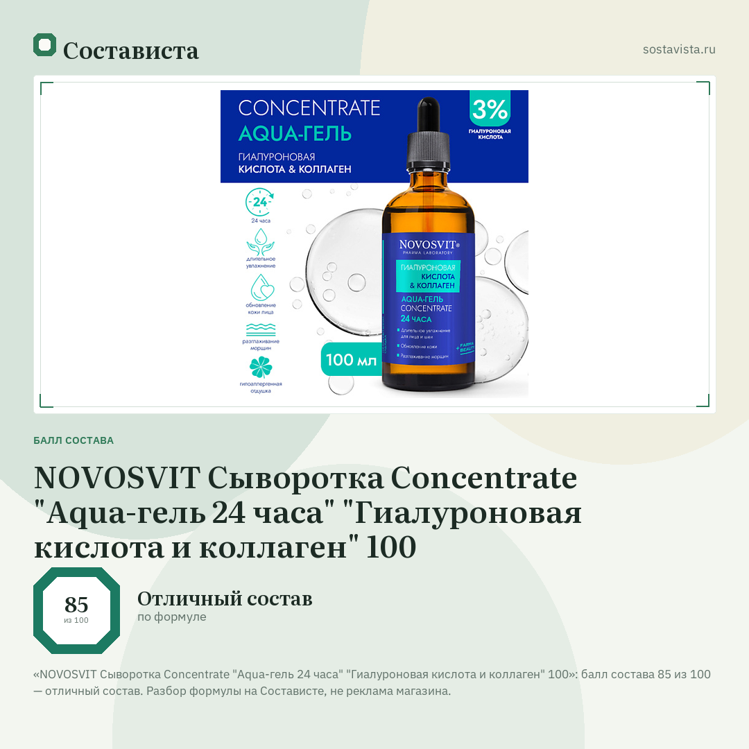 NOVOSVIT Сыворотка Concentrate "Aqua-гель 24 часа" "Гиалуроновая кислота и коллаген" 100: балл состава 85 из 100 — Состависта