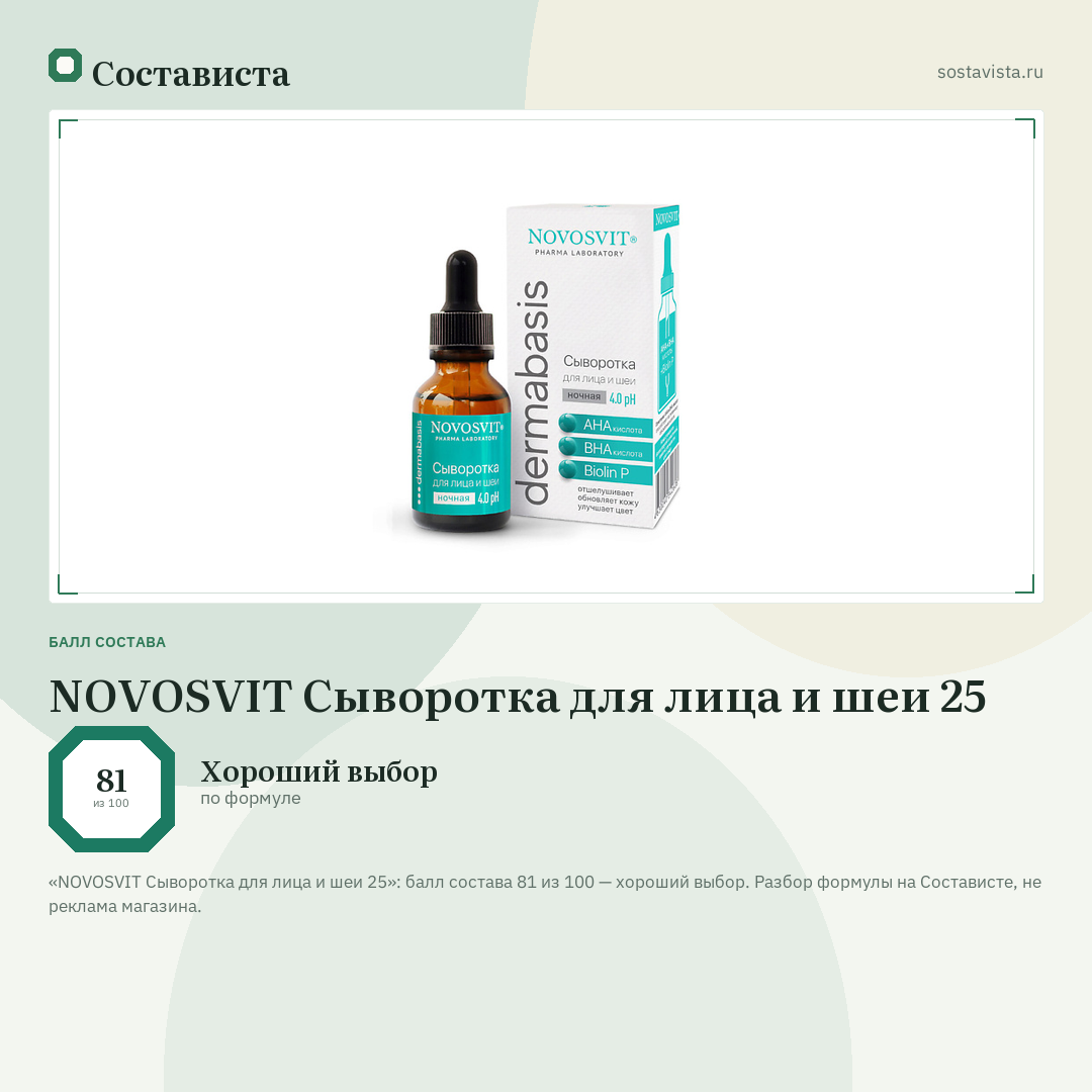 NOVOSVIT Сыворотка для лица и шеи 25: балл состава 81 из 100 — Состависта