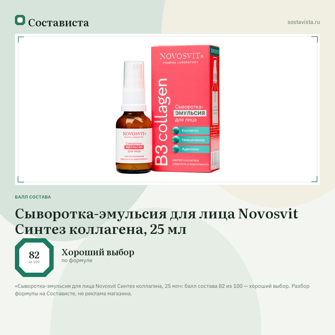 Сыворотка-эмульсия для лица Novosvit Синтез коллагена, 25 мл: балл состава 82 из 100 — Состависта
