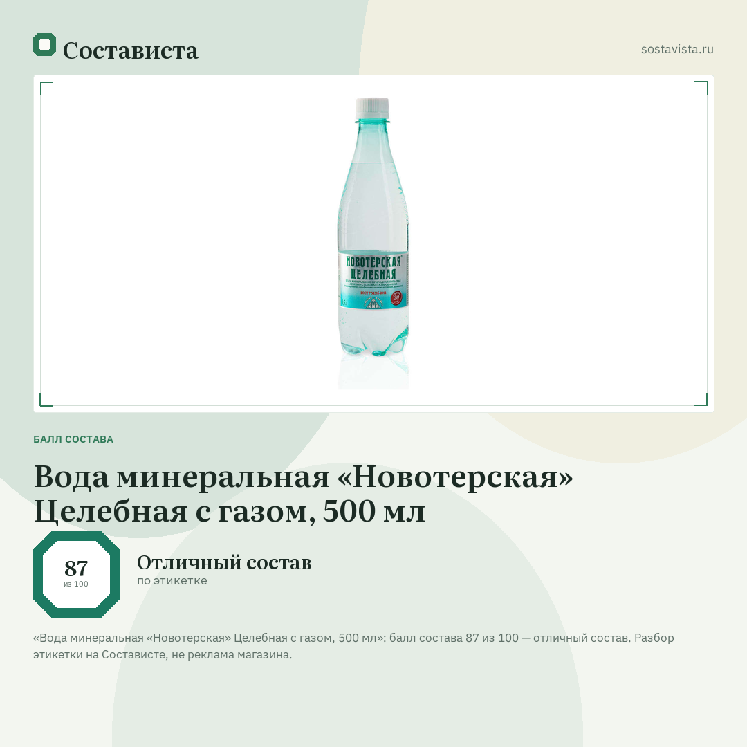 Вода минеральная «Новотерская» Целебная с газом, 500 мл: балл состава 87 из 100 — Состависта