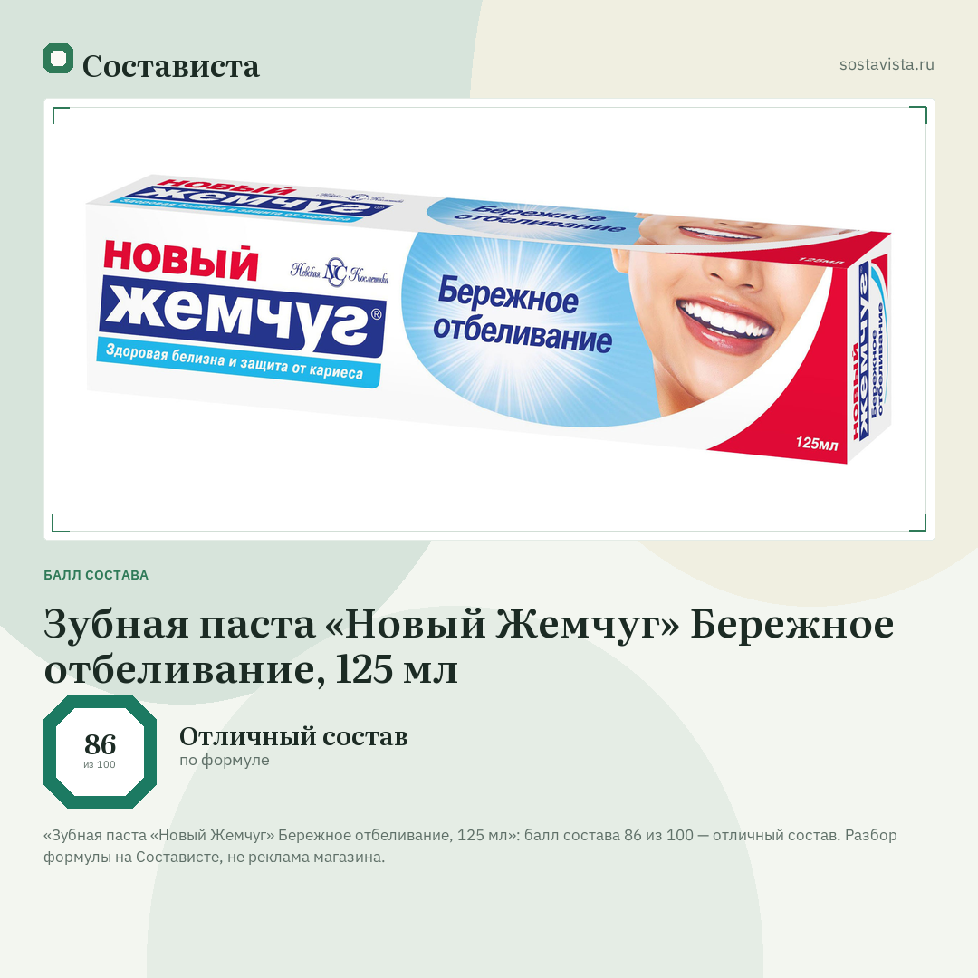 Зубная паста «Новый Жемчуг» Бережное отбеливание, 125 мл: балл состава 86 из 100 — Состависта