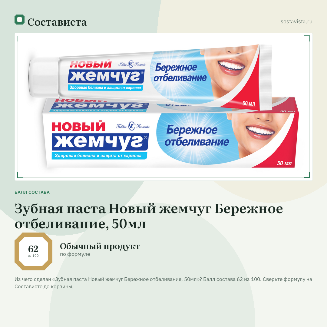 Зубная паста Новый жемчуг Бережное отбеливание, 50мл: балл состава 62 из 100 — Состависта