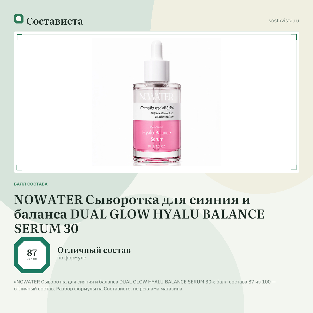 NOWATER Сыворотка для сияния и баланса DUAL GLOW HYALU BALANCE SERUM 30: балл состава 87 из 100 — Состависта