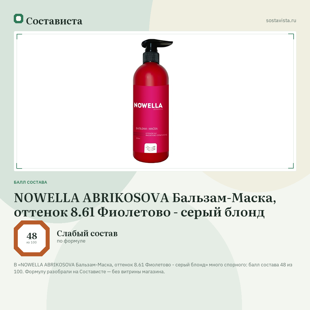 NOWELLA ABRIKOSOVA Бальзам-Маска, оттенок 8.61 Фиолетово - серый блонд: балл состава 48 из 100 — Состависта