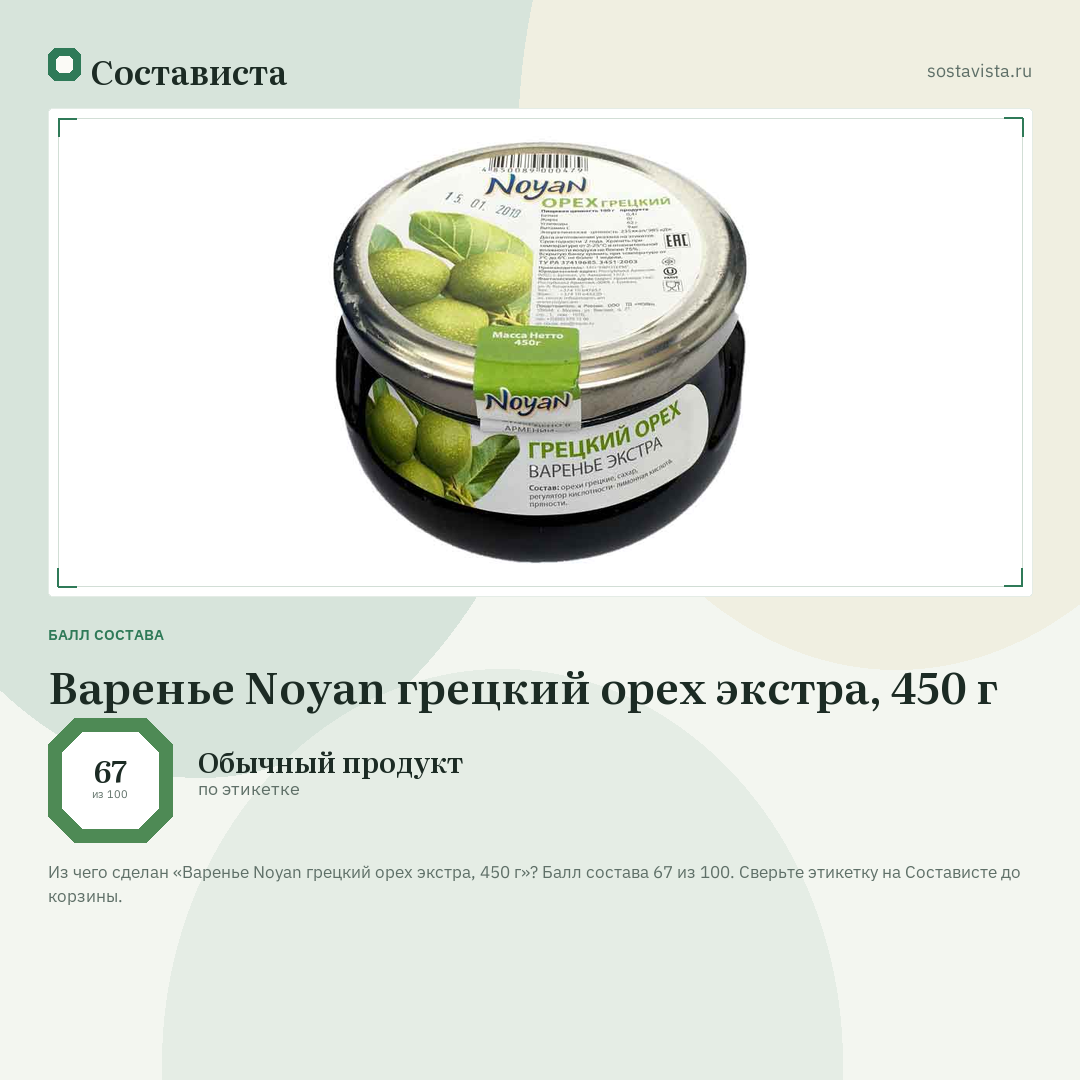 Варенье Noyan грецкий орех экстра, 450 г: балл состава 67 из 100 — Состависта