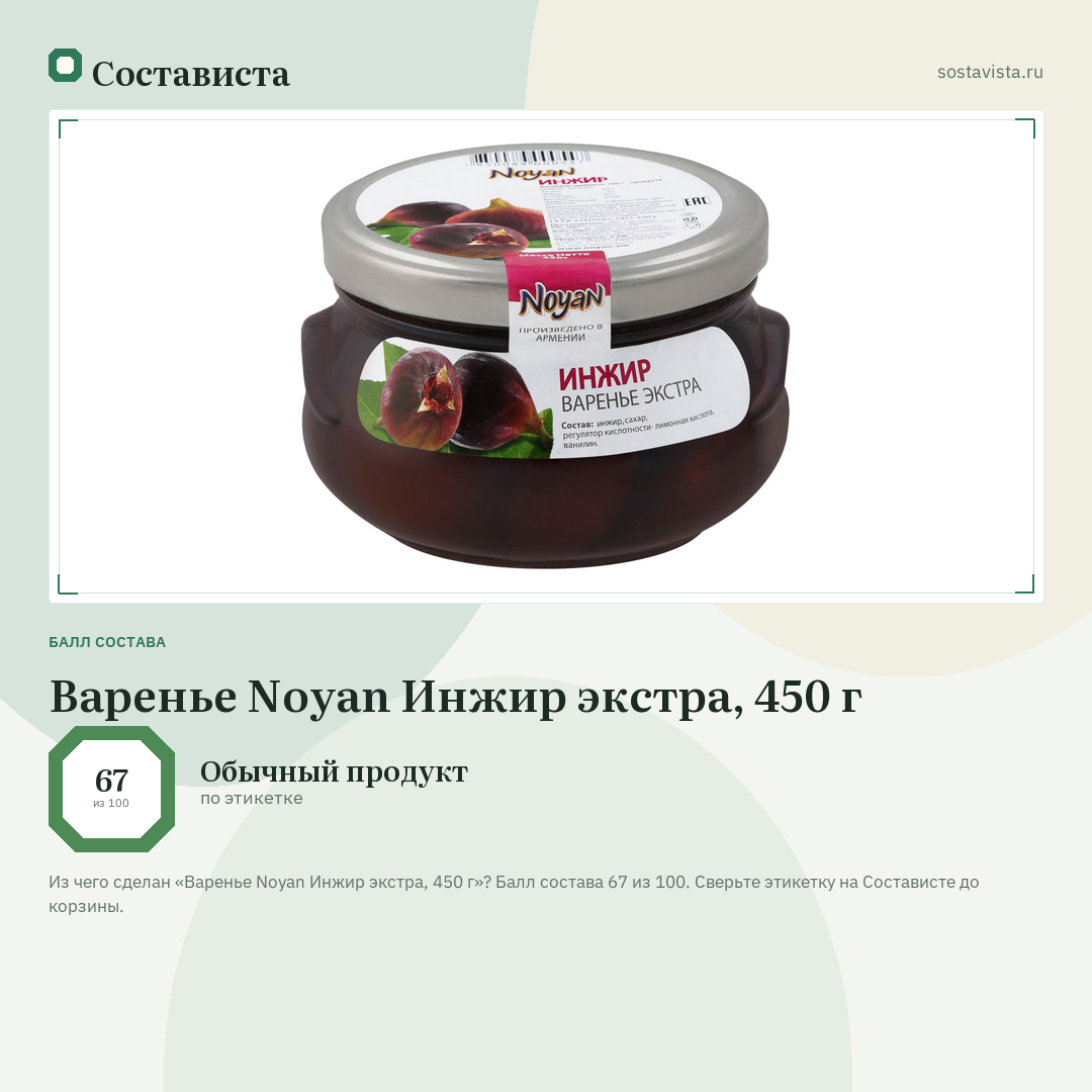Варенье Noyan Инжир экстра, 450 г: балл состава 67 из 100 — Состависта