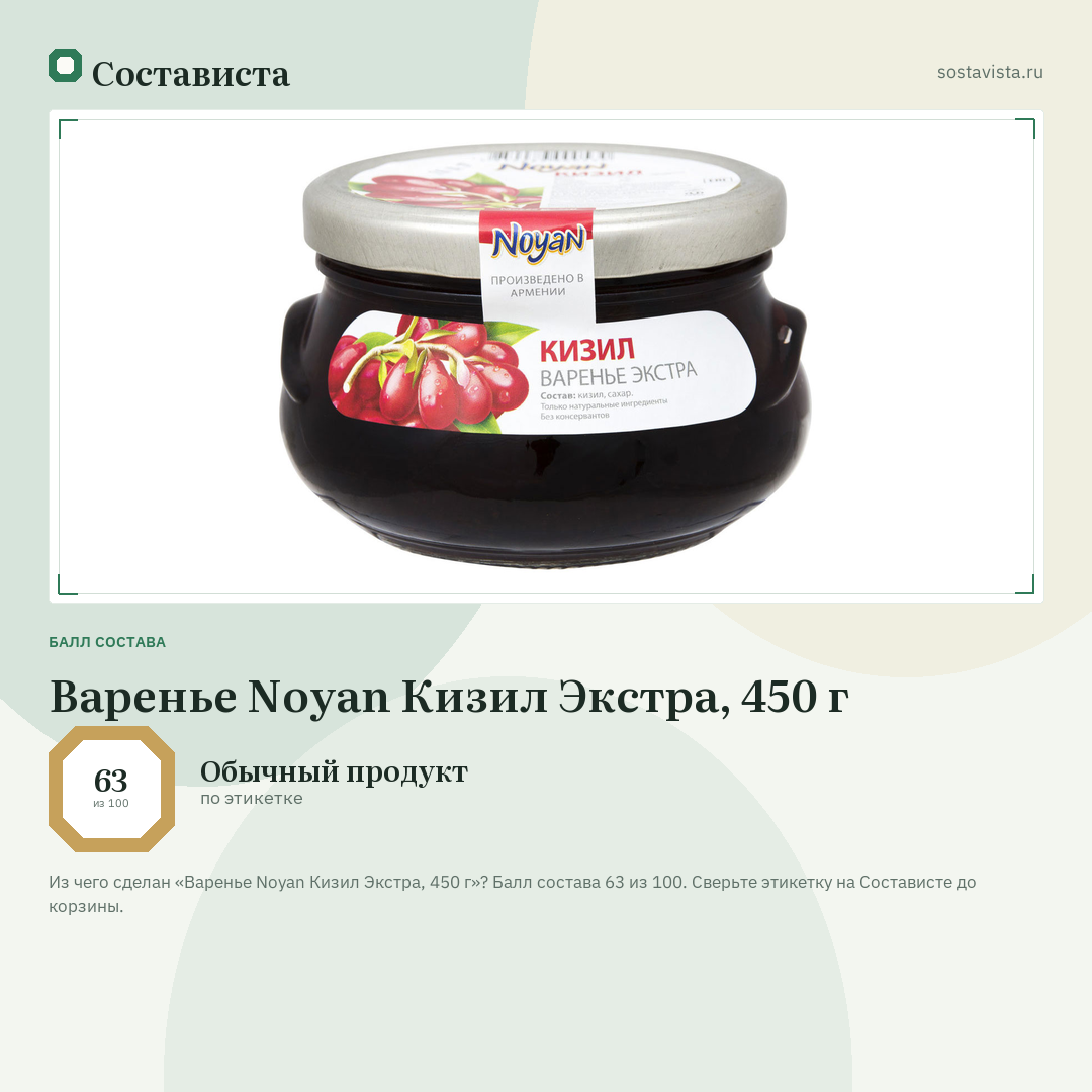 Варенье Noyan Кизил Экстра, 450 г: балл состава 63 из 100 — Состависта