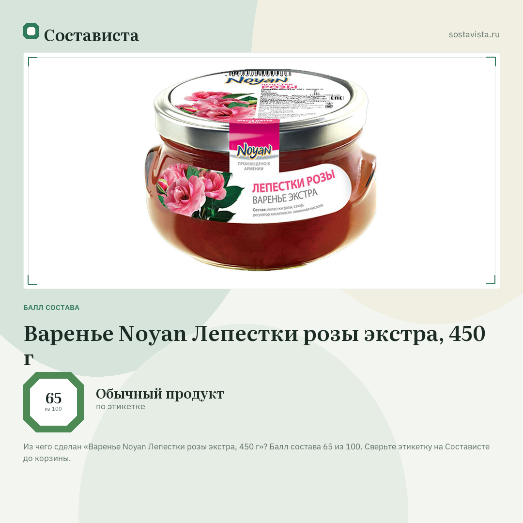 Варенье Noyan Лепестки розы экстра, 450 г: балл состава 65 из 100 — Состависта