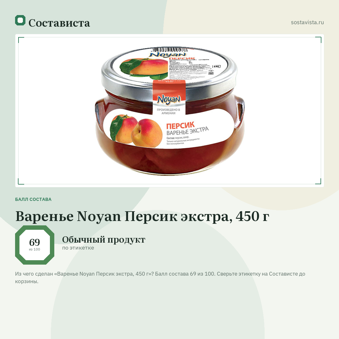 Варенье Noyan Персик экстра, 450 г: балл состава 69 из 100 — Состависта