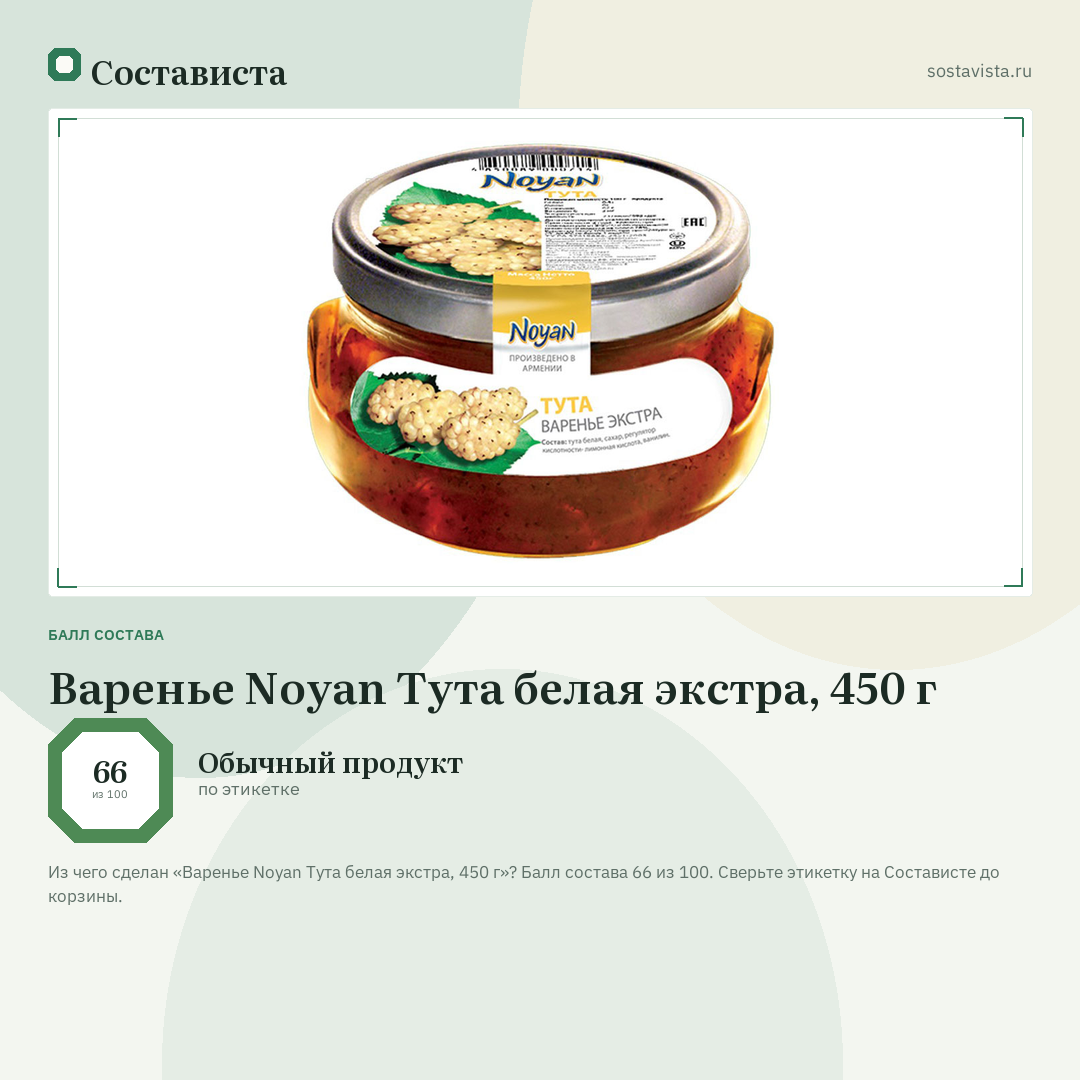 Варенье Noyan Тута белая экстра, 450 г: балл состава 66 из 100 — Состависта