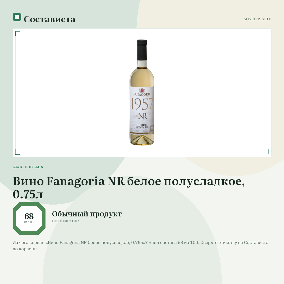 Вино Fanagoria NR белое полусладкое, 0.75л: балл состава 68 из 100 — Состависта