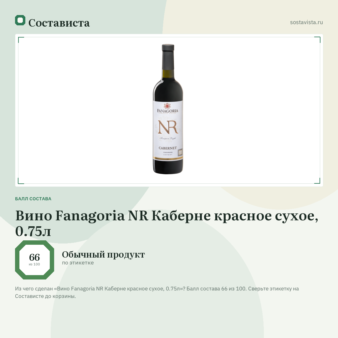 Вино Fanagoria NR Каберне красное сухое, 0.75л: балл состава 66 из 100 — Состависта