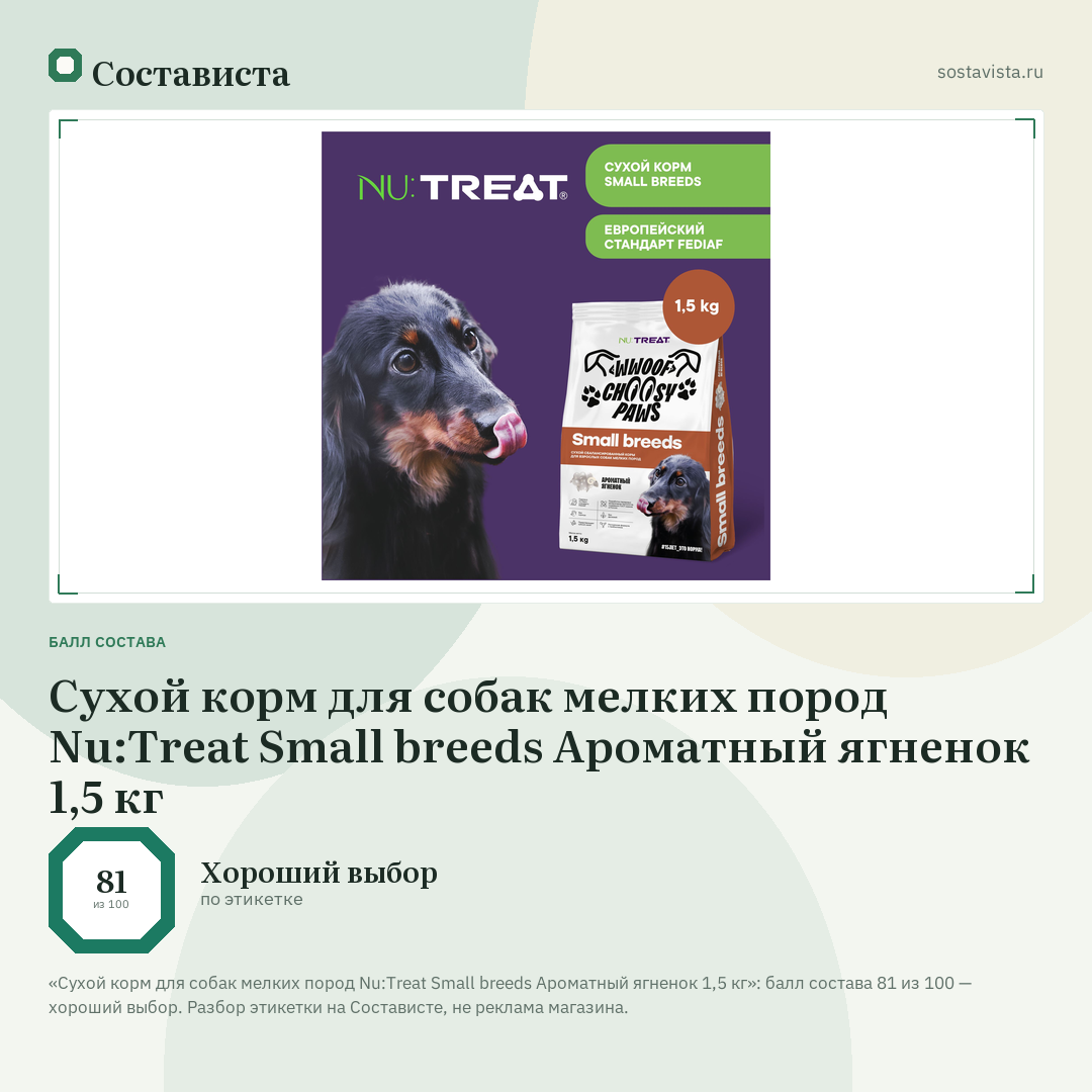 Сухой корм для собак мелких пород Nu:Treat Small breeds Ароматный ягненок 1,5 кг: балл состава 81 из 100 — Состависта