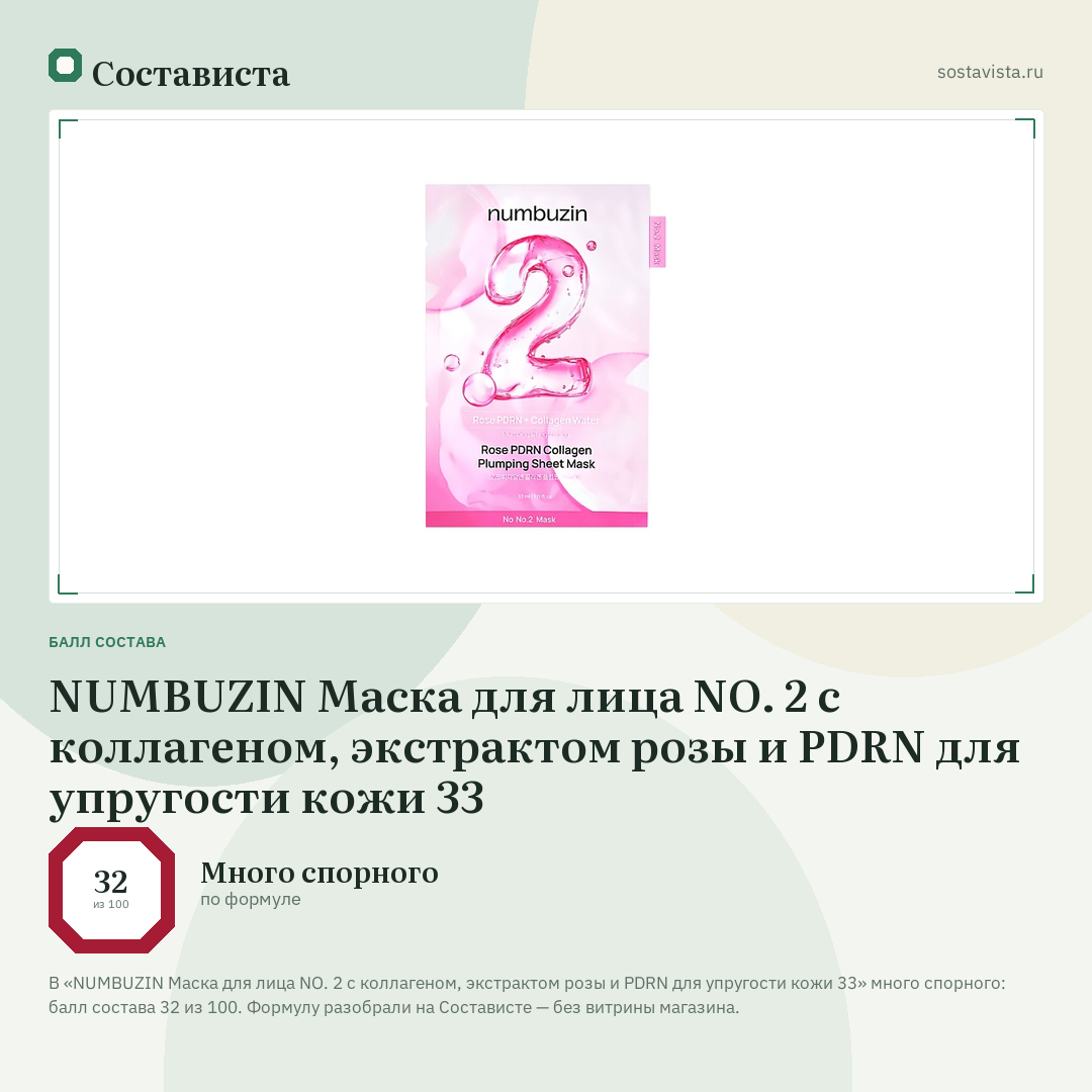 NUMBUZIN Маска для лица NO. 2 с коллагеном, экстрактом розы и PDRN для упругости кожи 33: балл состава 32 из 100 — Состависта