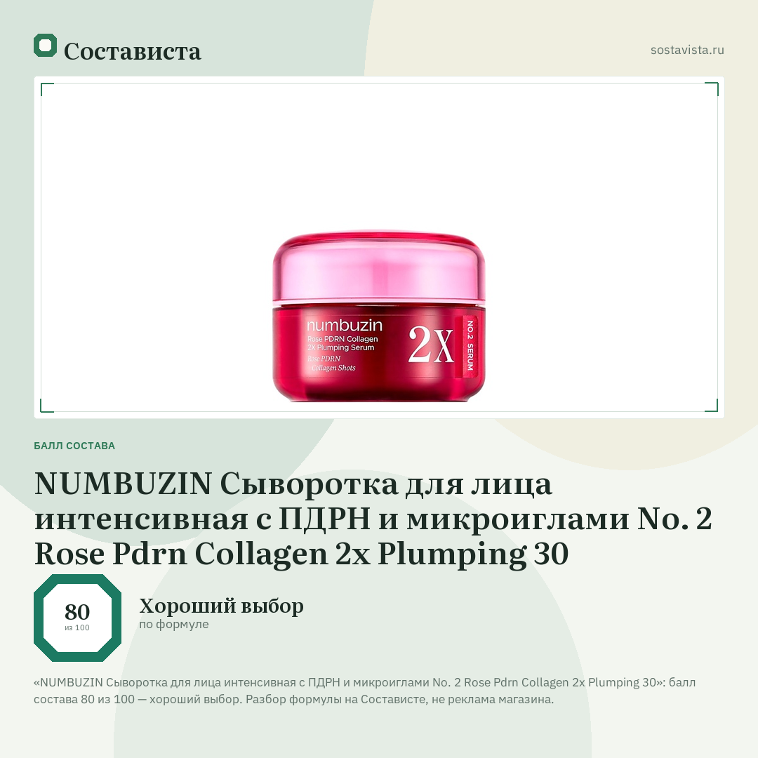 NUMBUZIN Сыворотка для лица интенсивная с ПДРН и микроиглами No. 2 Rose Pdrn Collagen 2x Plumping 30: балл состава 80 из 100 — Состависта