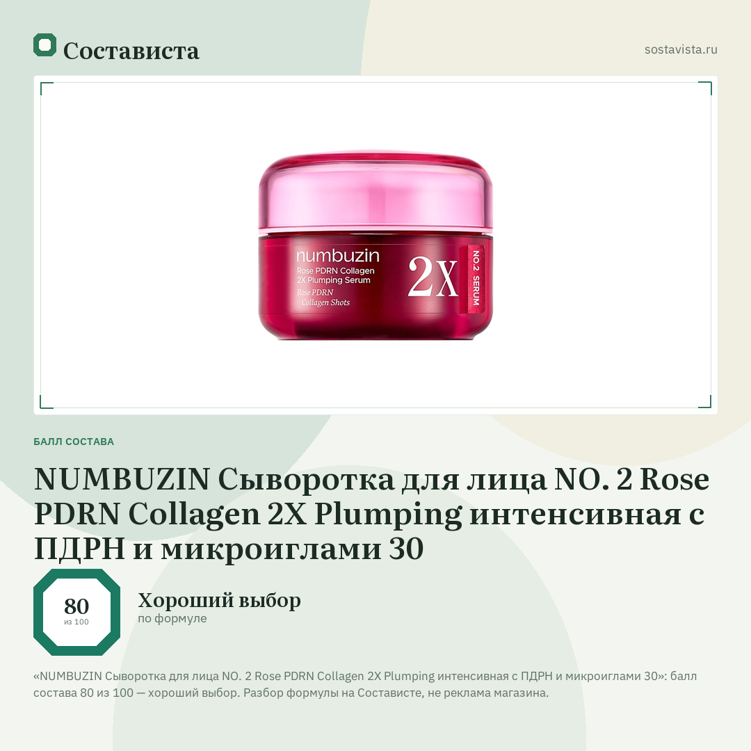 NUMBUZIN Сыворотка для лица NO. 2 Rose PDRN Collagen 2X Plumping интенсивная с ПДРН и микроиглами 30: балл состава 80 из 100 — Состависта
