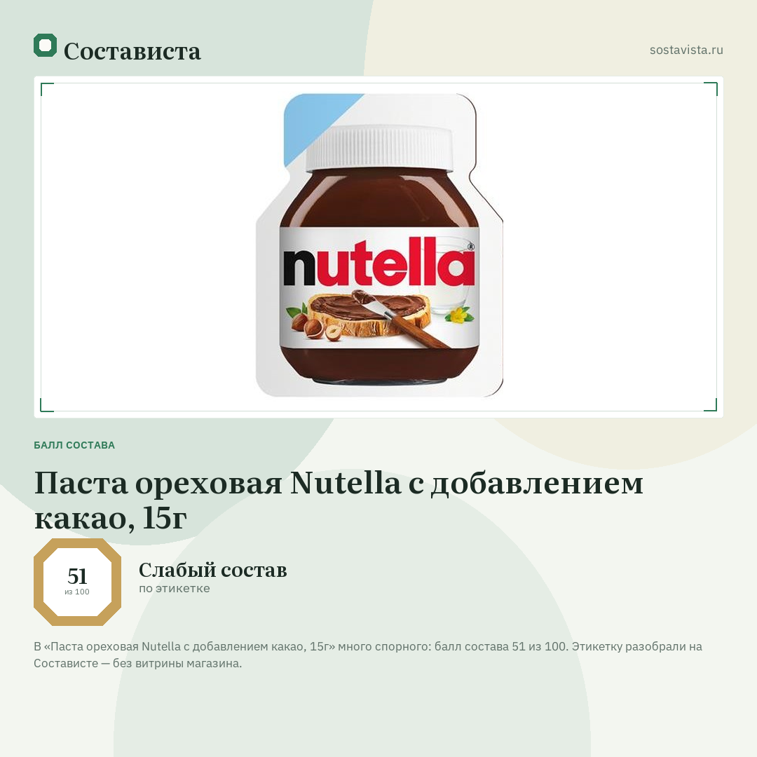 Паста ореховая Nutella с добавлением какао, 15г: балл состава 51 из 100 — Состависта