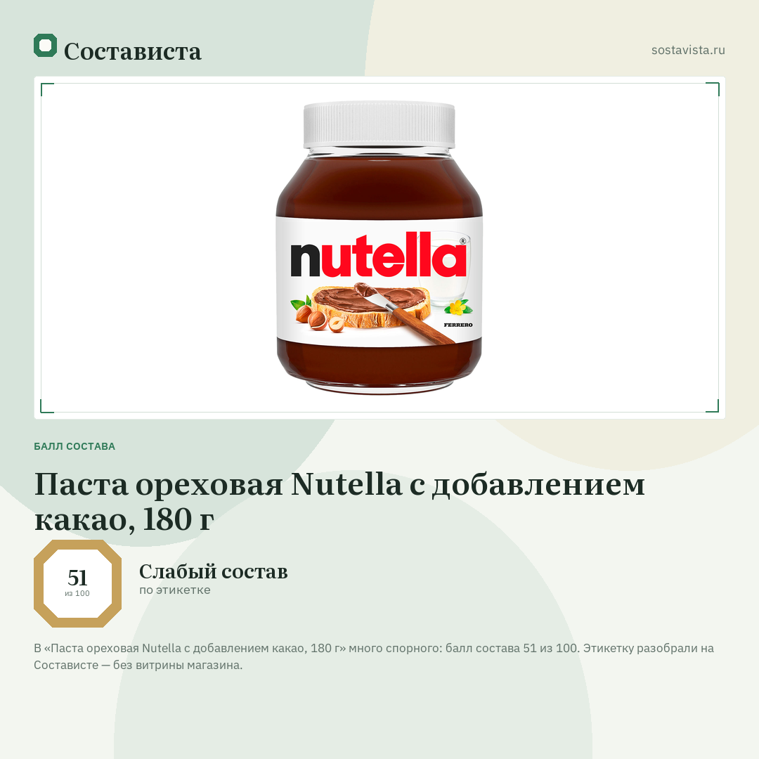 Паста ореховая Nutella с добавлением какао, 180 г: балл состава 51 из 100 — Состависта