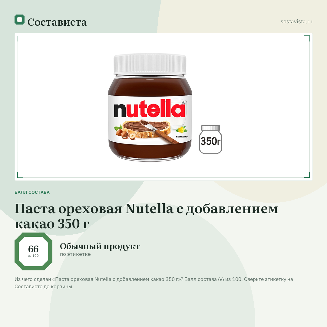 Паста ореховая Nutella с добавлением какао 350 г: балл состава 66 из 100 — Состависта