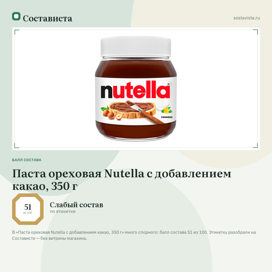 Паста ореховая Nutella с добавлением какао, 350 г: балл состава 51 из 100 — Состависта