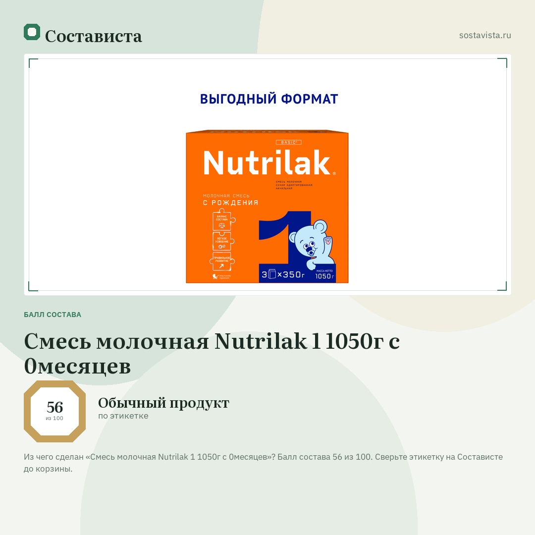 Смесь молочная Nutrilak 1 1050г с 0месяцев: балл состава 56 из 100 — Состависта