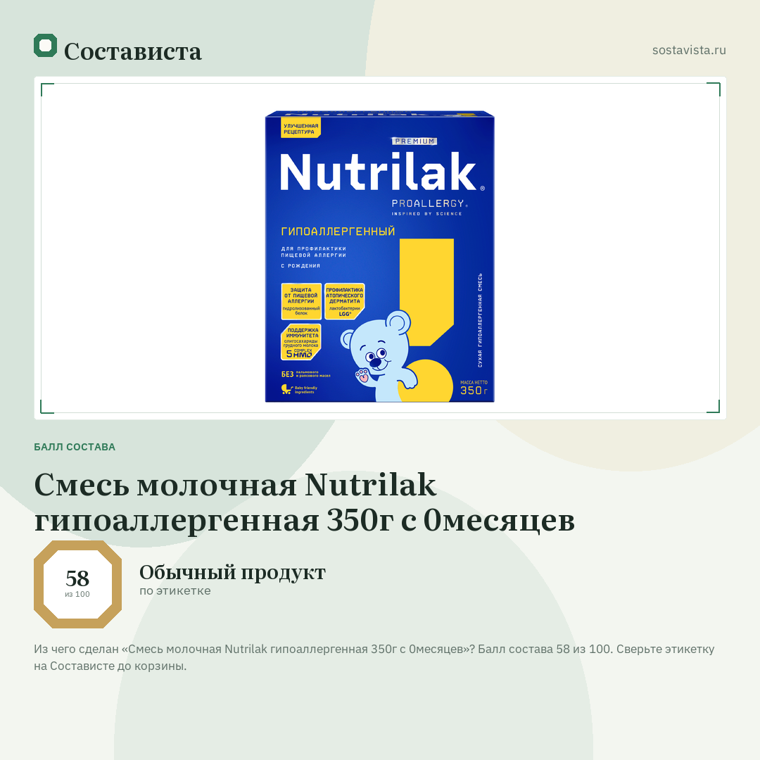 Смесь молочная Nutrilak гипоаллергенная 350г с 0месяцев: балл состава 58 из 100 — Состависта