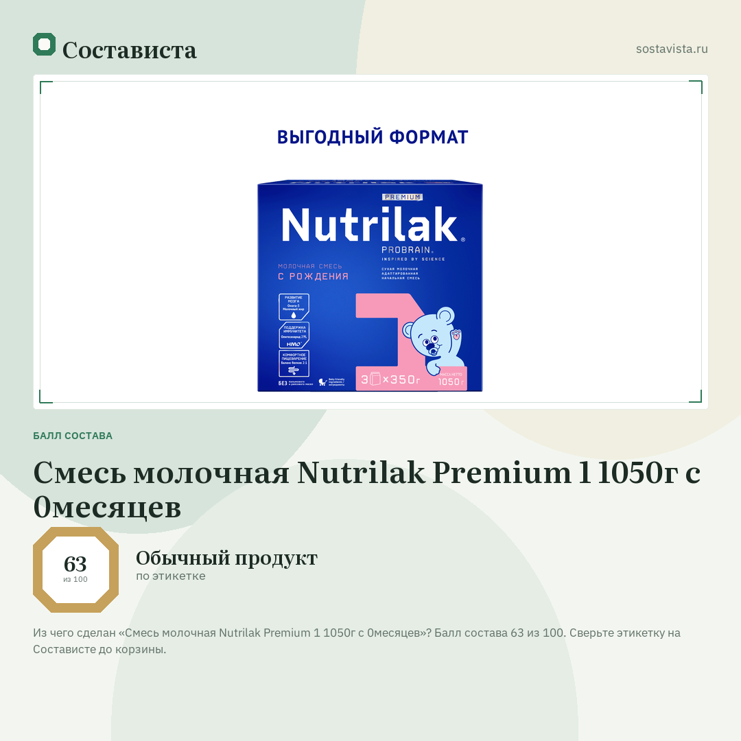 Смесь молочная Nutrilak Premium 1 1050г с 0месяцев: балл состава 63 из 100 — Состависта