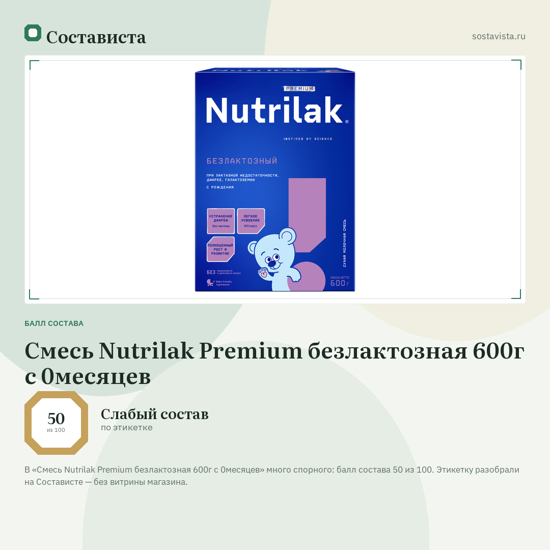 Смесь Nutrilak Premium безлактозная 600г с 0месяцев: балл состава 50 из 100 — Состависта
