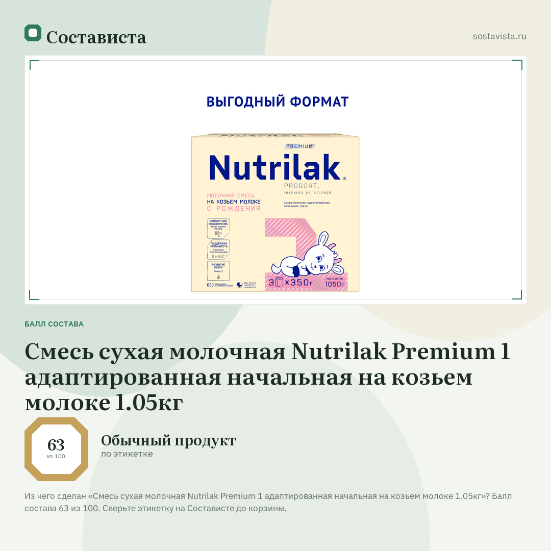 Смесь сухая молочная Nutrilak Premium 1 адаптированная начальная на козьем молоке 1.05кг: балл состава 63 из 100 — Состависта