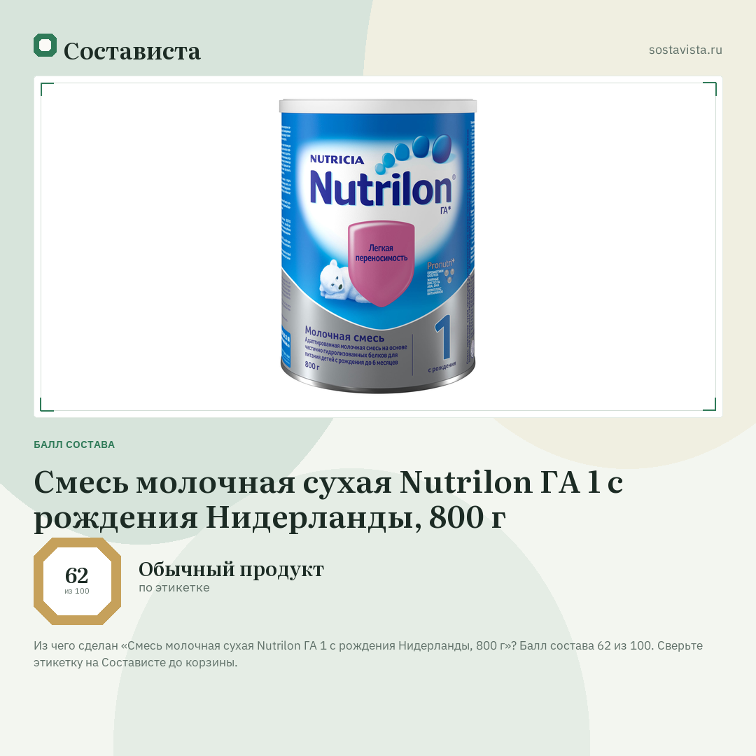 Смесь молочная сухая Nutrilon ГА 1 с рождения Нидерланды, 800 г: балл состава 62 из 100 — Состависта
