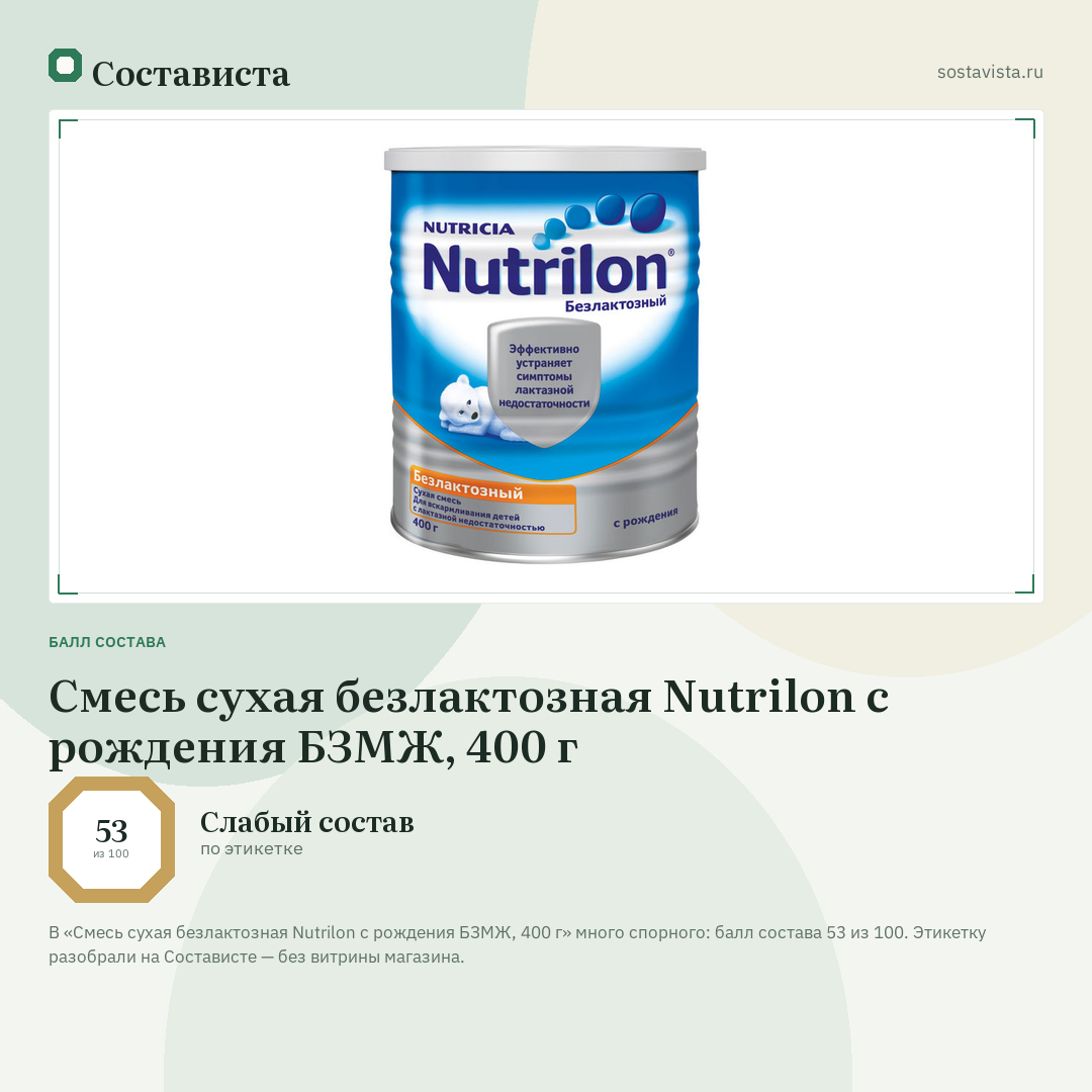 Смесь сухая безлактозная Nutrilon с рождения БЗМЖ, 400 г: балл состава 53 из 100 — Состависта