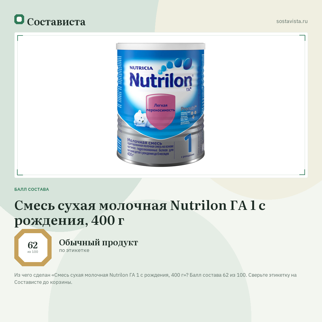 Смесь сухая молочная Nutrilon ГА 1 с рождения, 400 г: балл состава 62 из 100 — Состависта