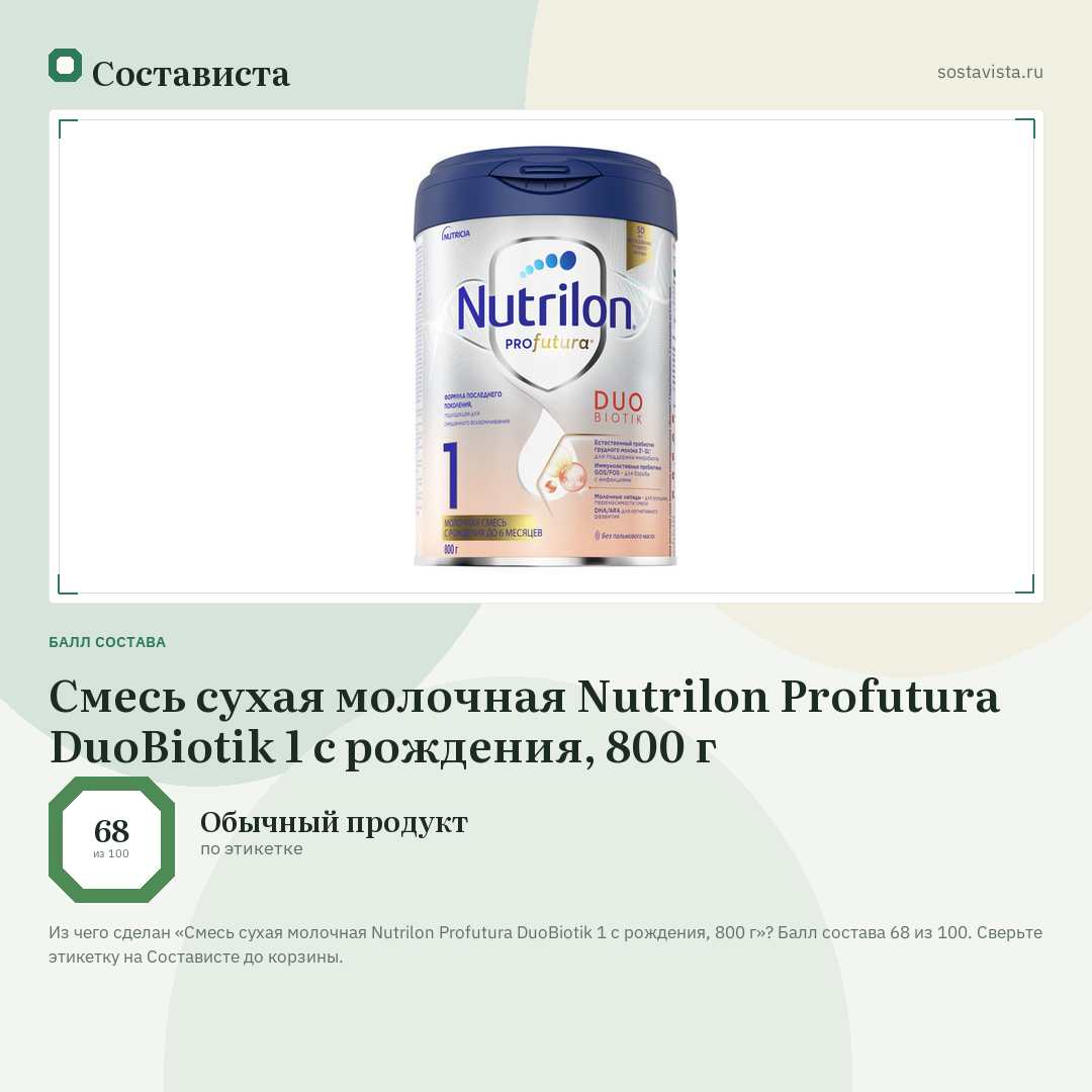 Смесь сухая молочная Nutrilon Profutura DuoBiotik 1 с рождения, 800 г: балл состава 68 из 100 — Состависта