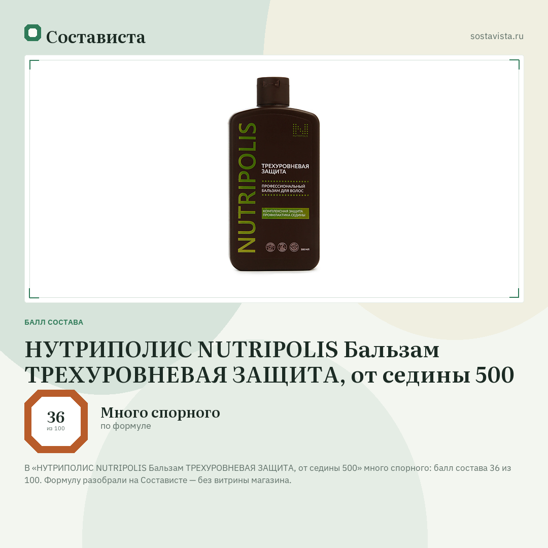 НУТРИПОЛИС NUTRIPOLIS Бальзам ТРЕХУРОВНЕВАЯ ЗАЩИТА, от седины 500: балл состава 36 из 100 — Состависта