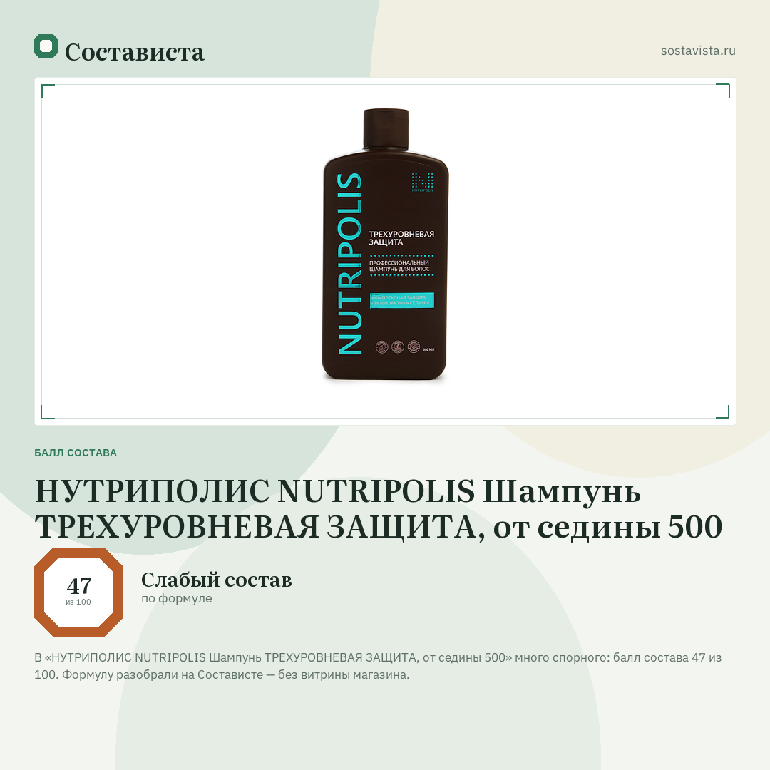 НУТРИПОЛИС NUTRIPOLIS Шампунь ТРЕХУРОВНЕВАЯ ЗАЩИТА, от седины 500: балл состава 47 из 100 — Состависта