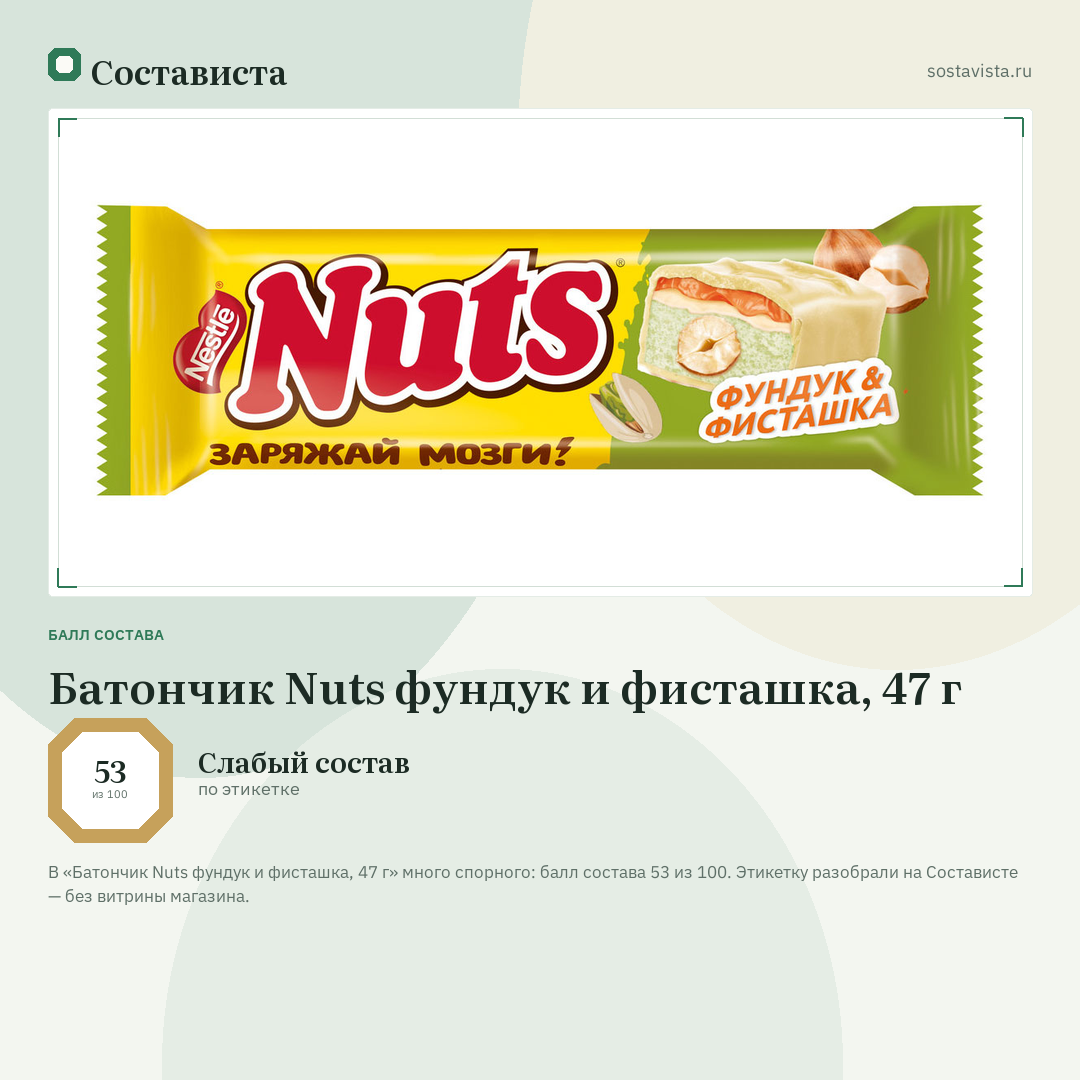 Батончик Nuts фундук и фисташка, 47 г: балл состава 53 из 100 — Состависта