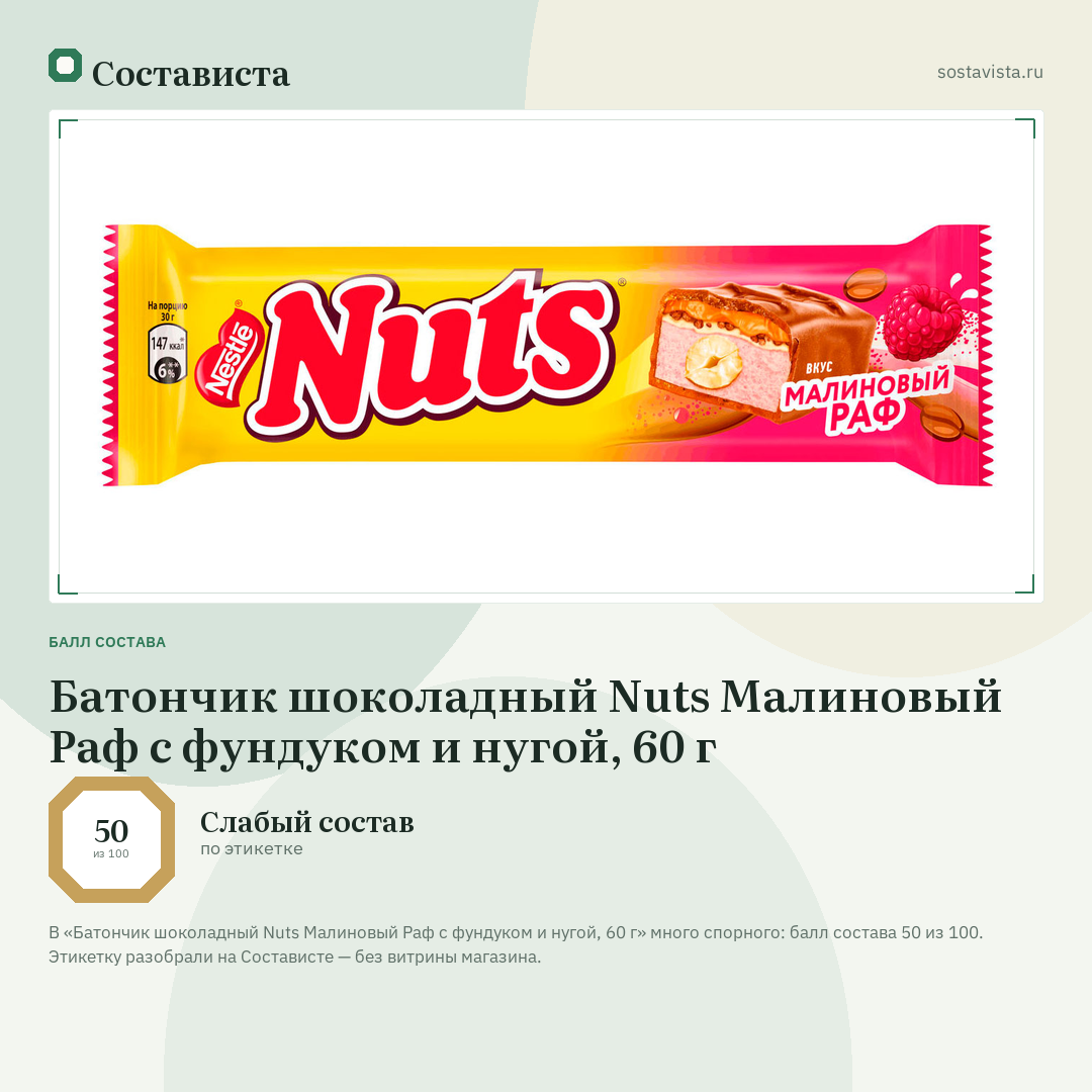 Батончик шоколадный Nuts Малиновый Раф с фундуком и нугой, 60 г: балл состава 50 из 100 — Состависта