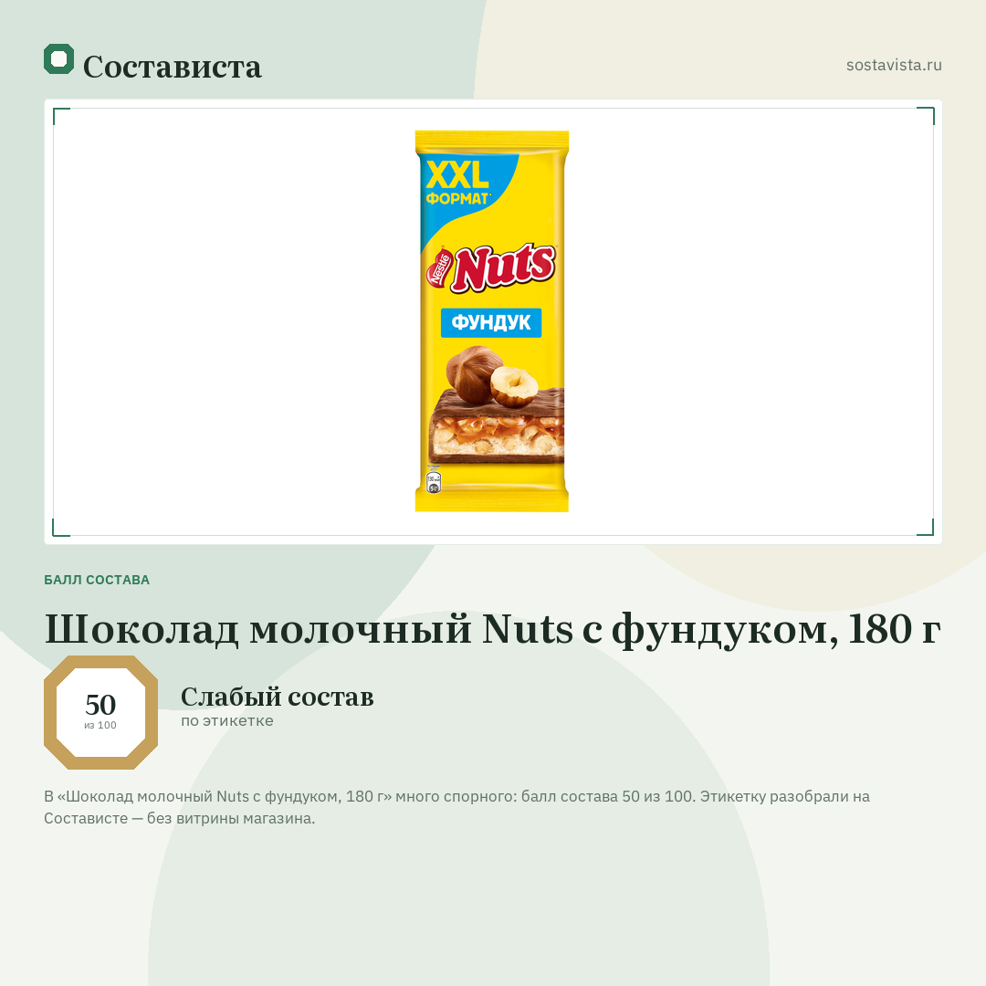 Шоколад молочный Nuts с фундуком, 180 г: балл состава 50 из 100 — Состависта