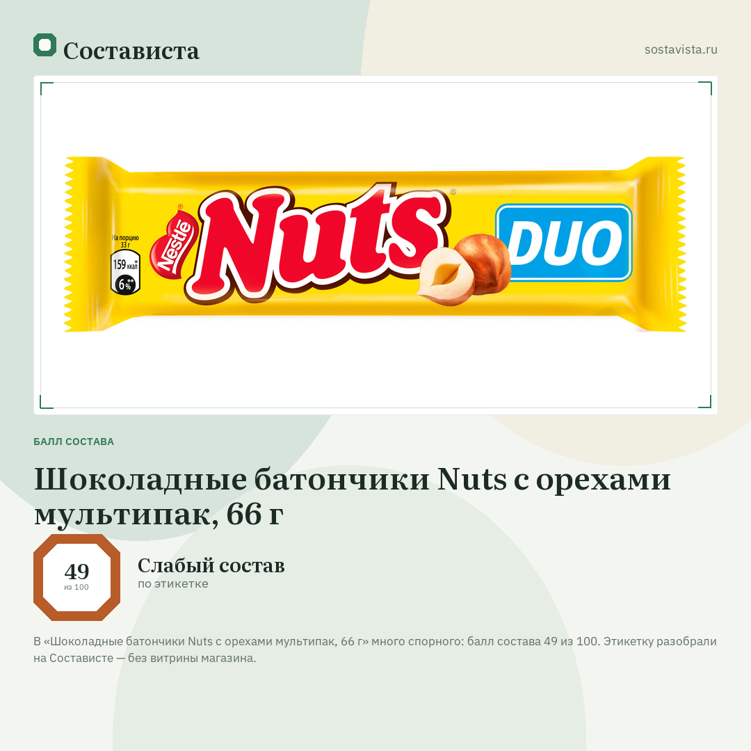 Шоколадные батончики Nuts с орехами мультипак, 66 г: балл состава 49 из 100 — Состависта
