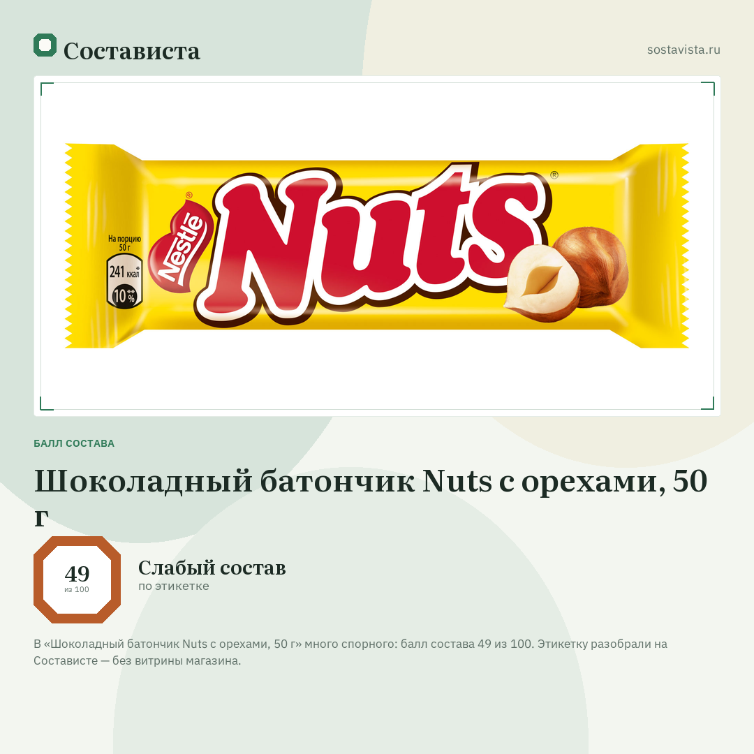 Шоколадный батончик Nuts с орехами, 50 г: балл состава 49 из 100 — Состависта