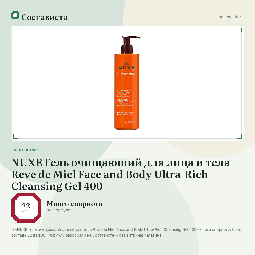 NUXE Гель очищающий для лица и тела Reve de Miel Face and Body Ultra-Rich Cleansing Gel 400: балл состава 32 из 100 — Состависта