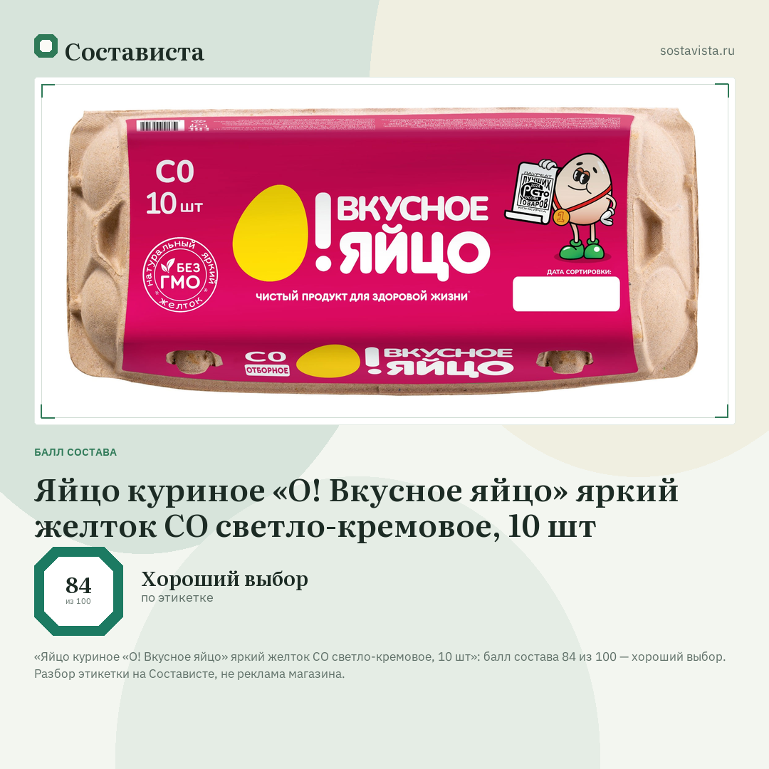 Яйцо куриное «О! Вкусное яйцо» яркий желток СО светло-кремовое, 10 шт: балл состава 84 из 100 — Состависта
