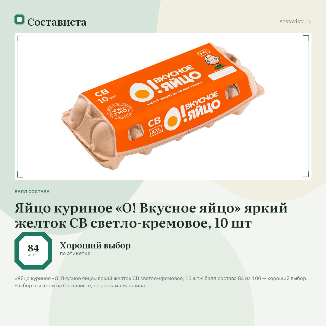 Яйцо куриное «О! Вкусное яйцо» яркий желток СВ светло-кремовое, 10 шт: балл состава 84 из 100 — Состависта