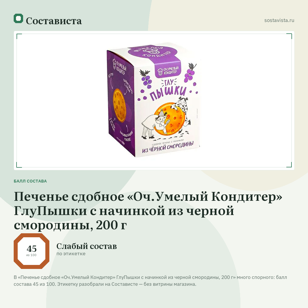Печенье сдобное «Оч.Умелый Кондитер» ГлуПышки с начинкой из черной смородины, 200 г: балл состава 45 из 100 — Состависта